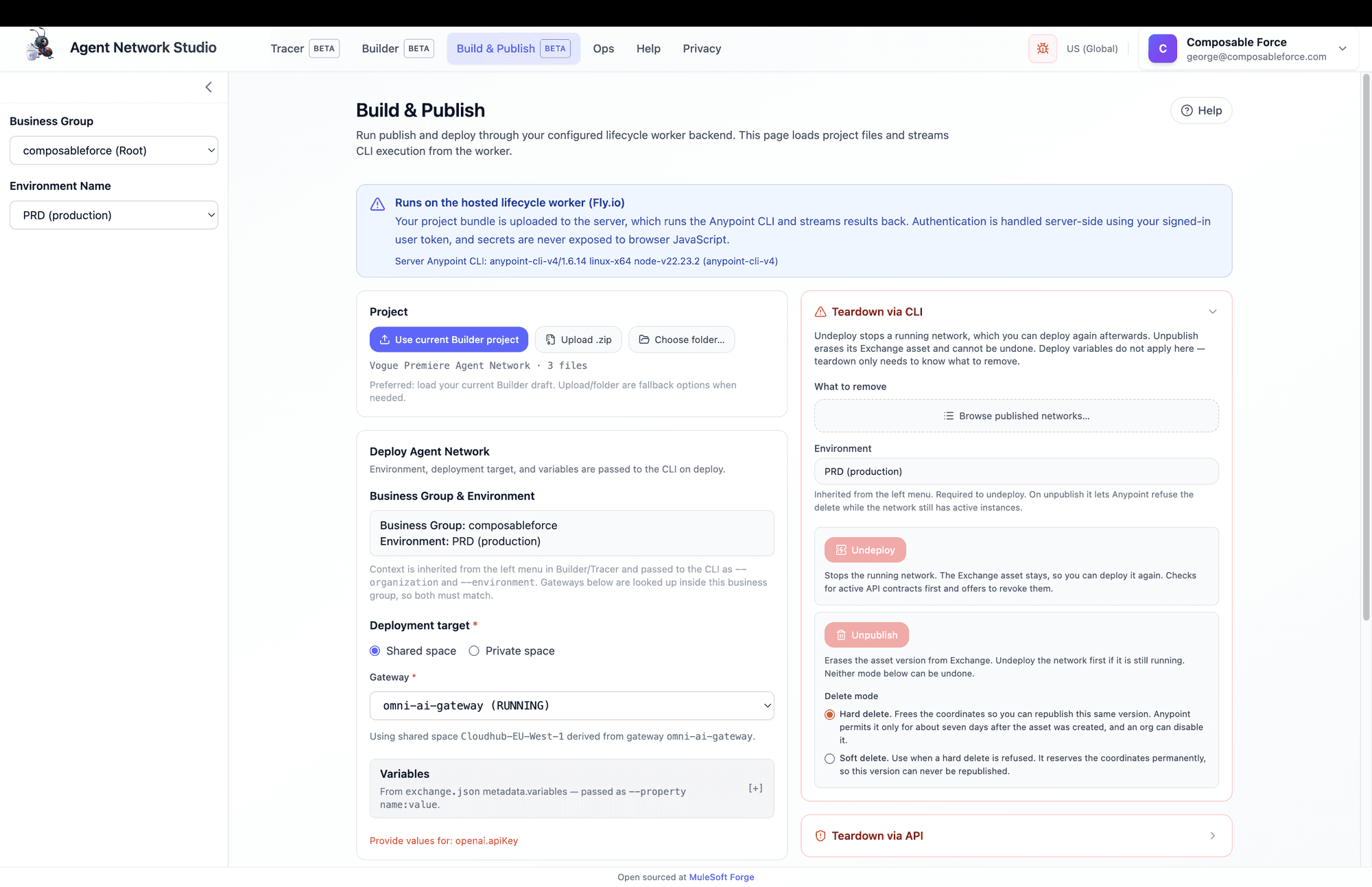 Build & Publish panel with a loaded project and lifecycle actions