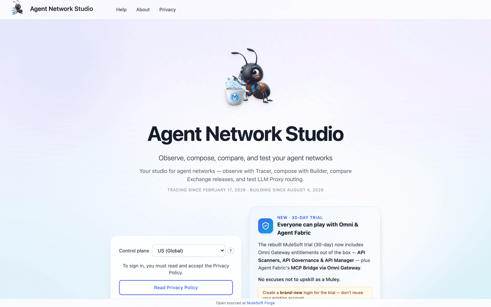 Agent Network Studio landing page with the three tools